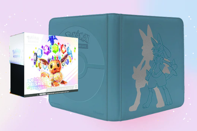 SADA Album UltraPro Lucario na 480 karet + Pokémon TCG Prismatic Evolutions Elite Trainer Box (nedokonalý obal)